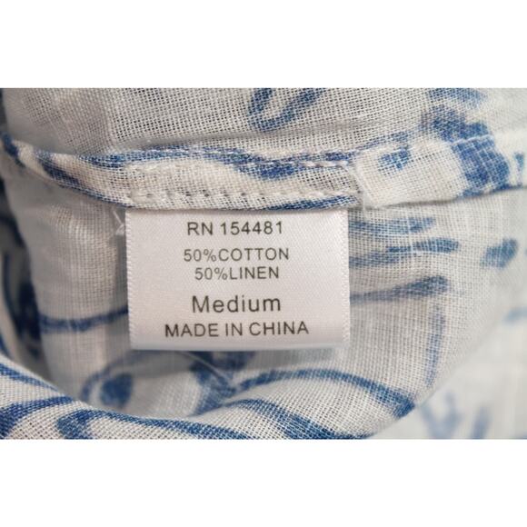 Jean-Pierre Klifa Top Womens White Blue Bunny Print Linen Blend Button Up Casual - Picture 6 of 9